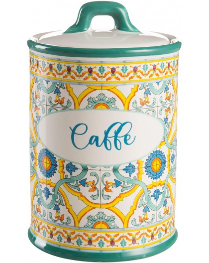 Montemaggi Barattolo Caffe' in Ceramica Con Tappo Ermetico Decoro Maioliche 10.5X10.5X17cm